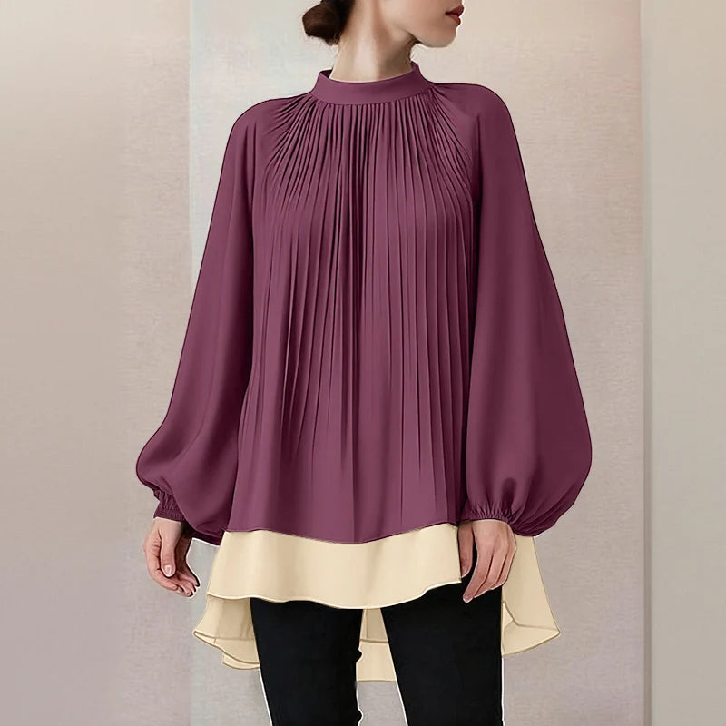 ZANZEA Women's Patchwork Blouse — Long Lantern Sleeve Pleated Work Shirt