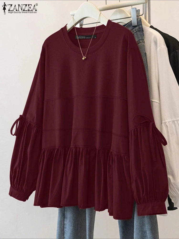 ZANZEA Women's Lace-Up Tunic Blouse — Long Sleeve Casual Loose Solid Top