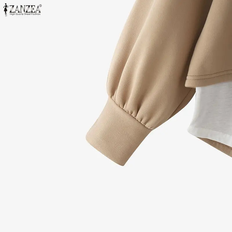 ZANZEA Women's Patchwork Sweatshirt — Fake 2-Piece Long Sleeve Pullover Top