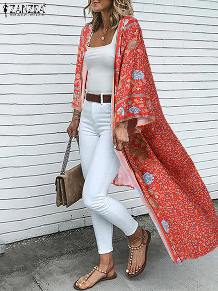 ZANZEA Women's Floral Kimono Cardigan — Long Sleeve Open Front Boho Beach Cover Up