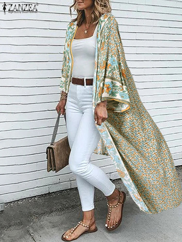 ZANZEA Women's Floral Kimono Cardigan — Long Sleeve Open Front Boho Beach Cover Up