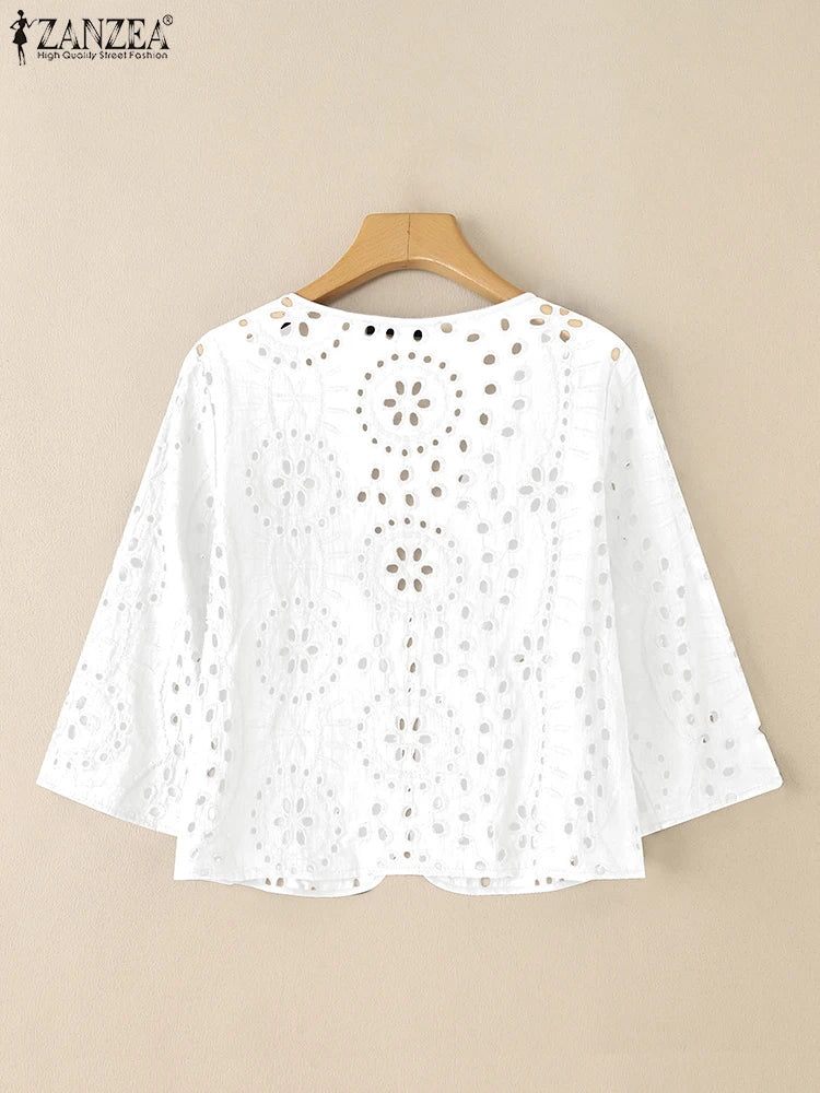 ZANZEA Women's Hollow Out Cardigan — 3/4 Sleeve Lace Kimono Top