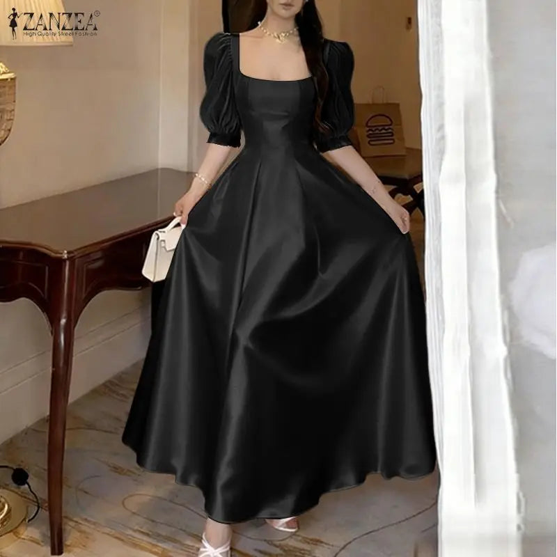 ZANZEA Women's Mesh Patchwork Party Dress — Square Neck Puff Sleeve Sundress