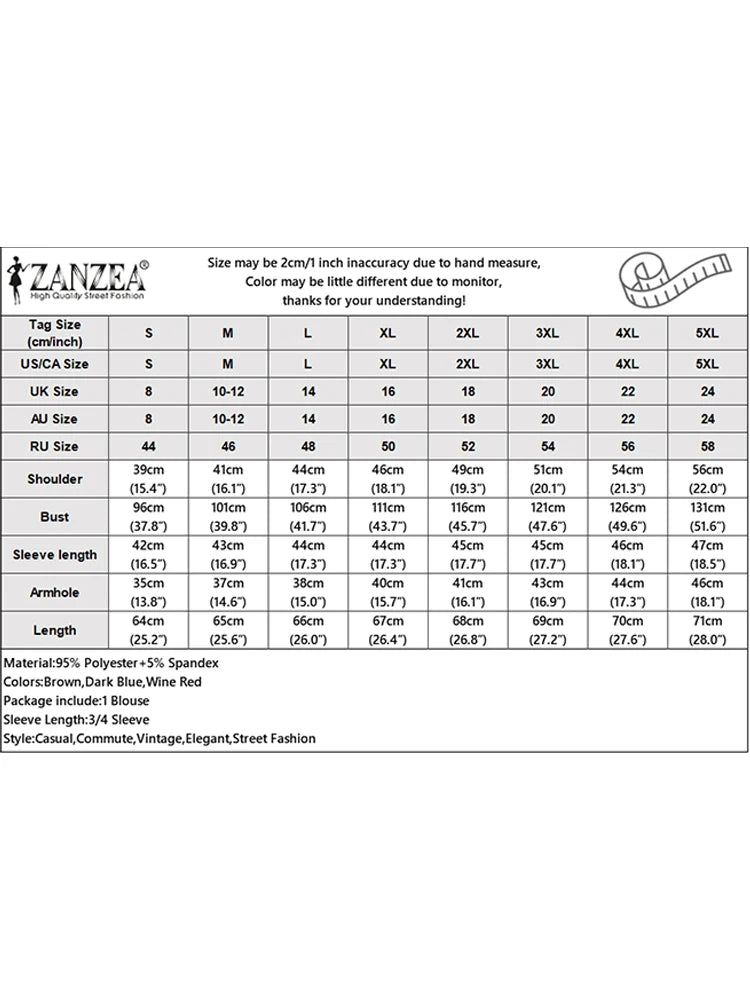 ZANZEA Women's Lantern Sleeve Blouse — 3/4 Sleeve Elegant O-Neck Work Top