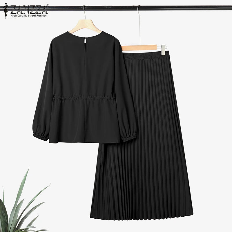 ZANZEA Women's 2-Piece Work Set — Long Sleeve Top & Pleated Maxi Skirt Outfit