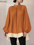 ZANZEA Women's Patchwork Blouse — Long Lantern Sleeve Pleated Work Shirt