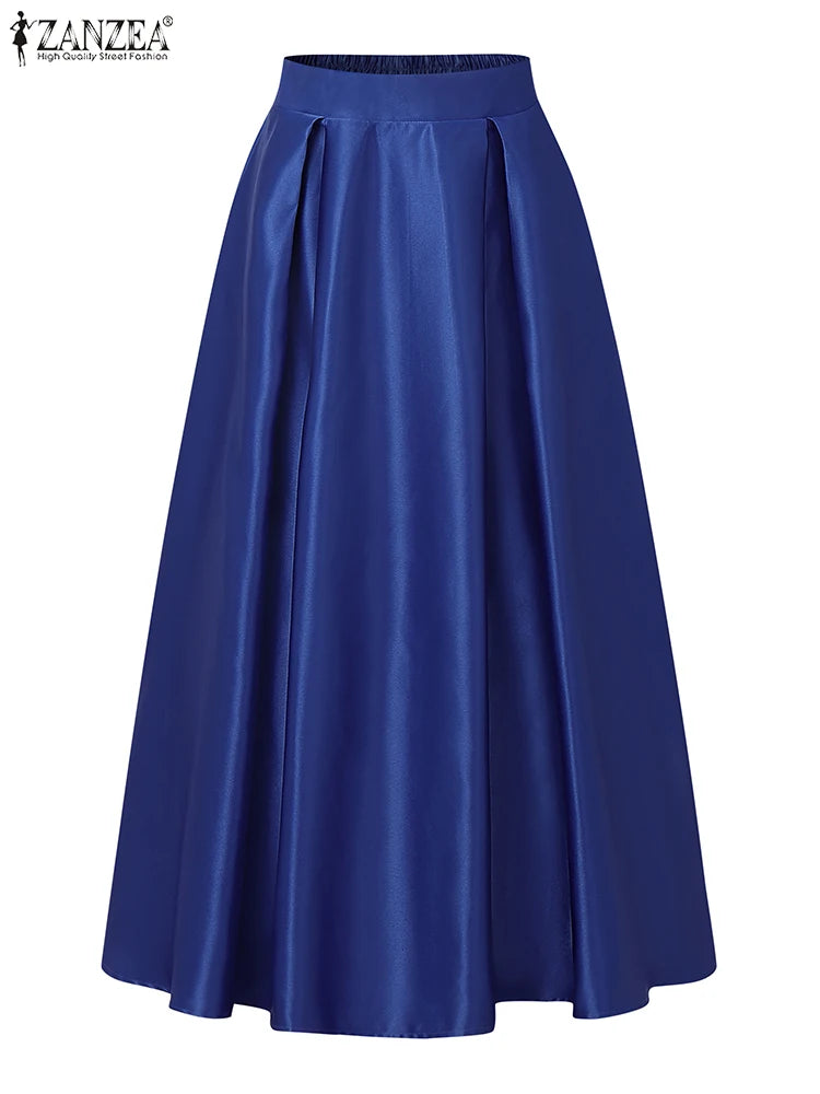 ZANZEA Women's Satin Midi Skirt — High Waist A-Line Elegant Party Skirt