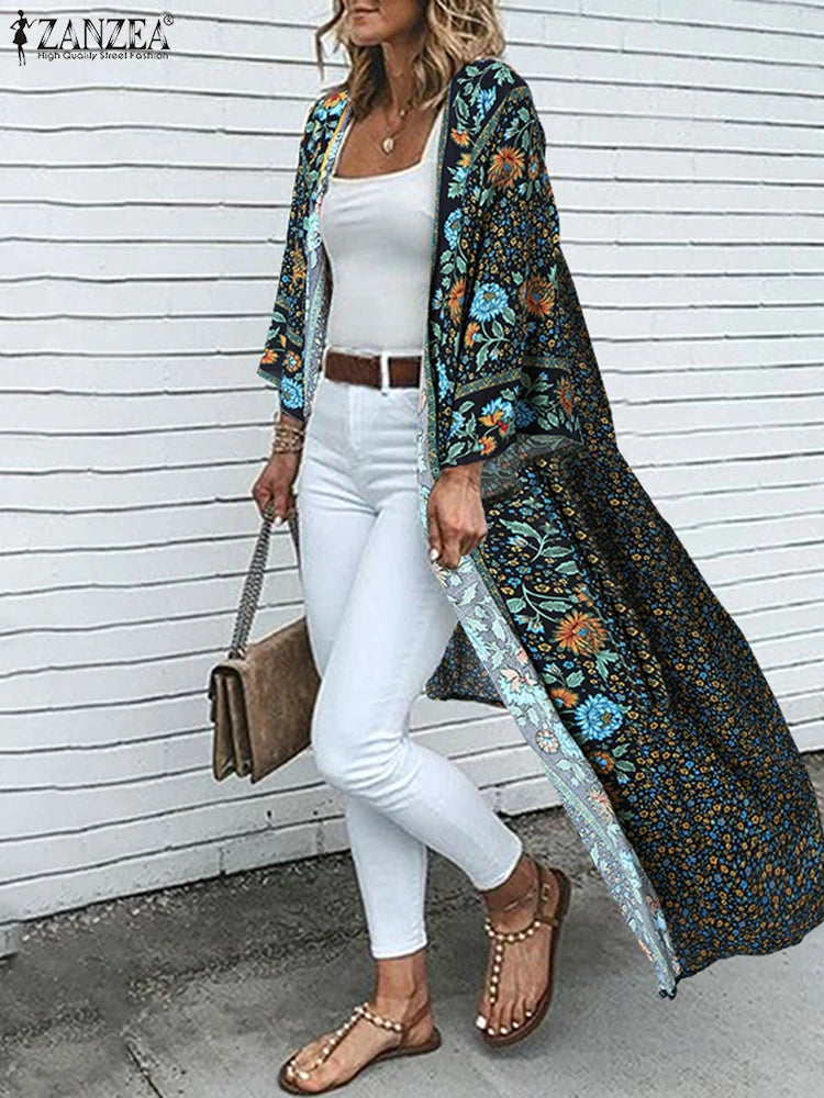 ZANZEA Women's Floral Kimono Cardigan — Long Sleeve Open Front Boho Beach Cover Up