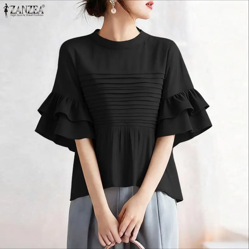 ZANZEA Women's Pleated Office Blouse — Short Sleeve O-Neck Holiday Tunic Top