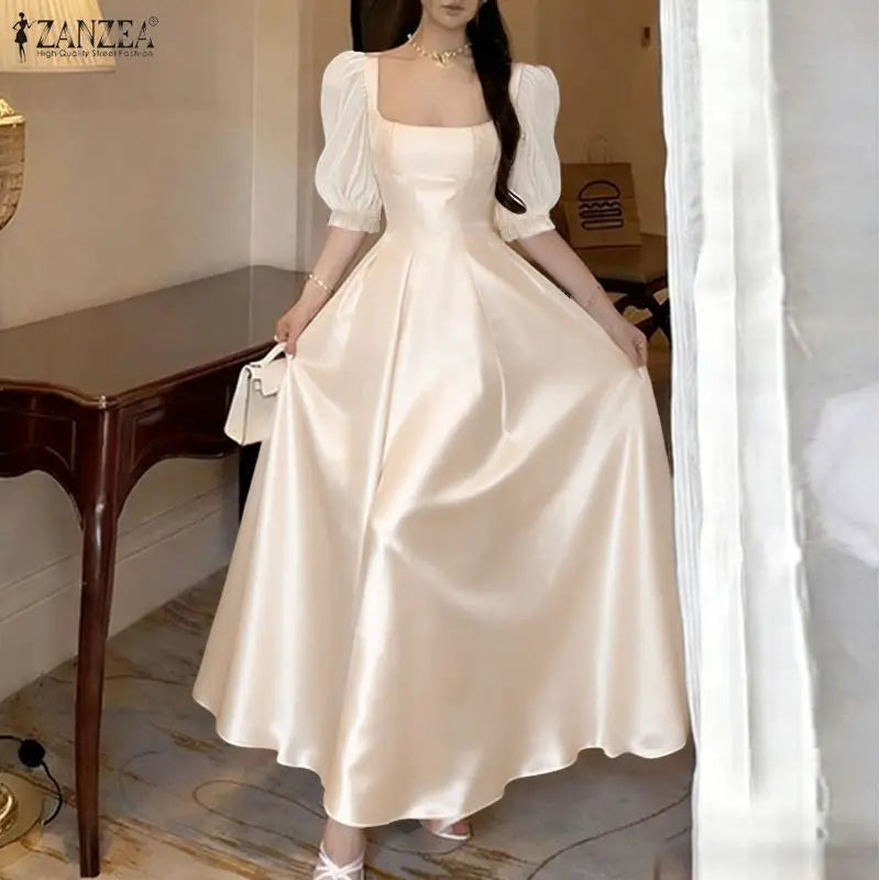 ZANZEA Women's Mesh Patchwork Party Dress — Square Neck Puff Sleeve Sundress