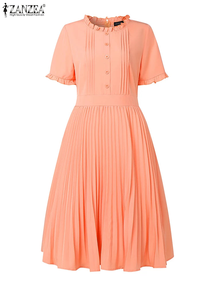 ZANZEA Women's Pleated Midi Dress — Short Sleeve O-Neck Office Sundress