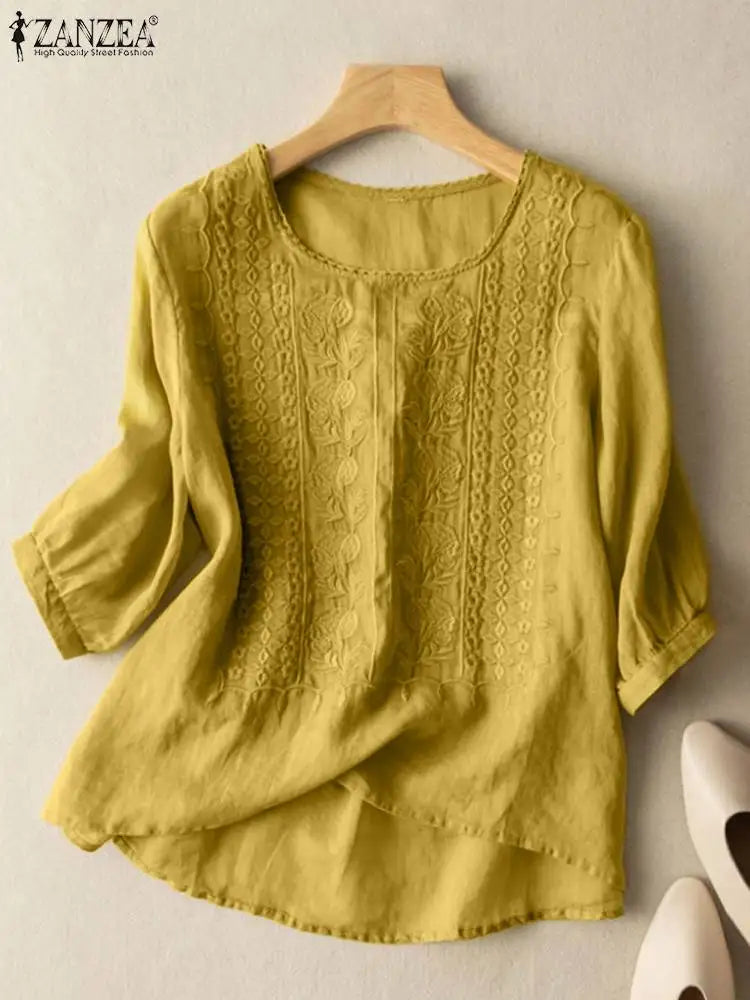 ZANZEA Women's Lace Crochet Blouse — 3/4 Puff Sleeve Embroidered Cotton Top