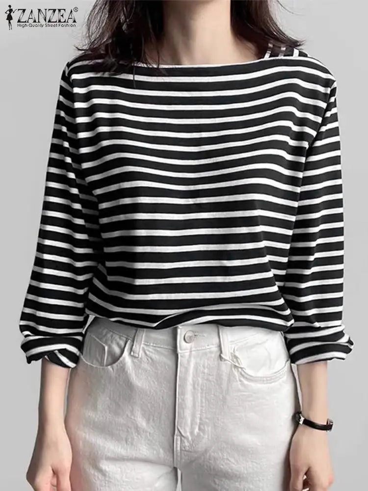 ZANZEA Women's Striped Square Neck Blouse — Long Sleeve Elegant Work Top