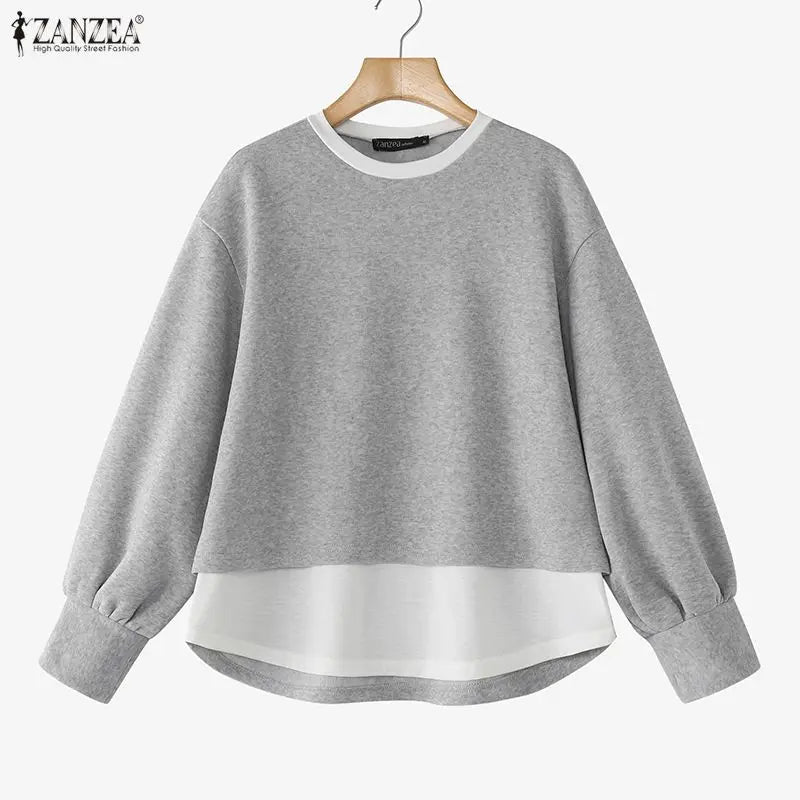 ZANZEA Women's Patchwork Sweatshirt — Fake 2-Piece Long Sleeve Pullover Top