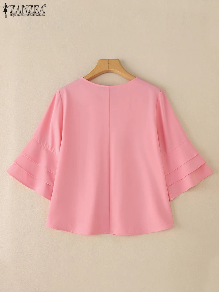 ZANZEA Women's Pleated Work Blouse — 3/4 Butterfly Sleeve Tunic Top