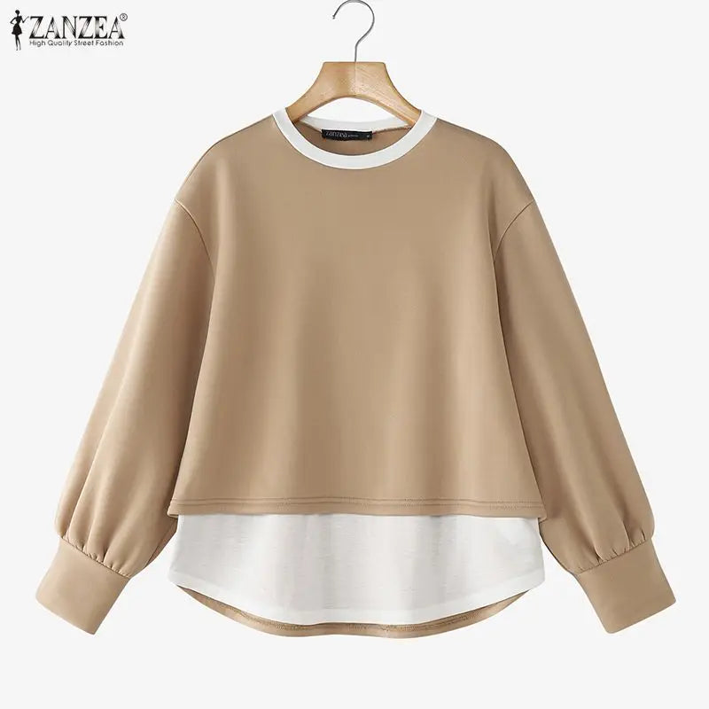 ZANZEA Women's Patchwork Sweatshirt — Fake 2-Piece Long Sleeve Pullover Top
