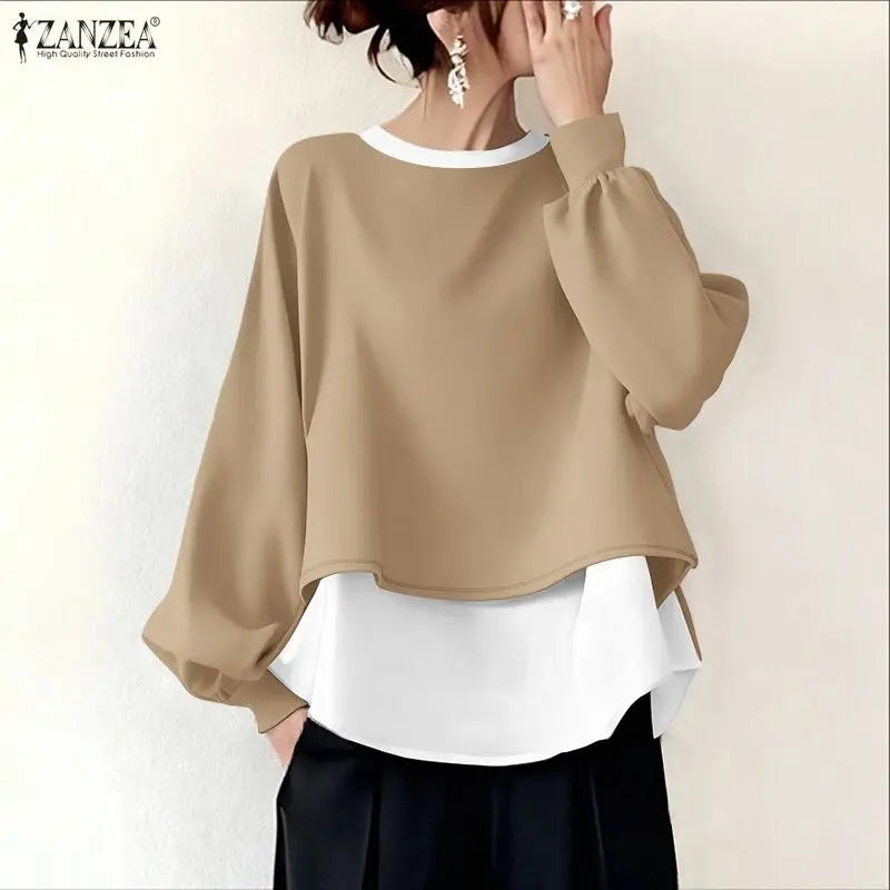 ZANZEA Women's Patchwork Sweatshirt — Fake 2-Piece Long Sleeve Pullover Top
