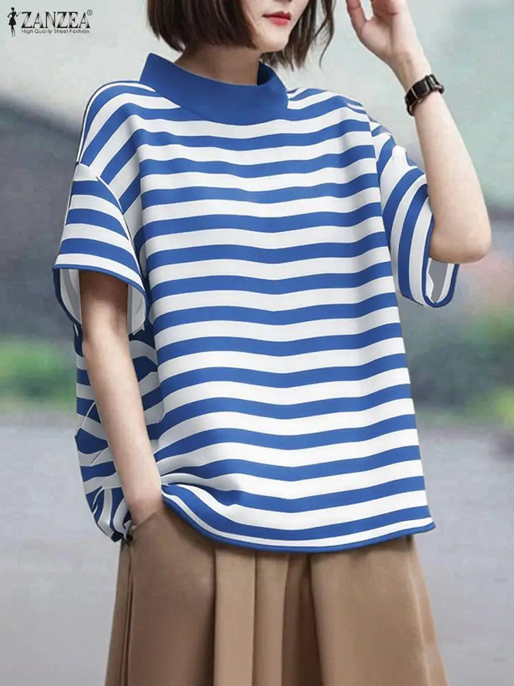 ZANZEA Women's Striped Blouse — Half Sleeve Stand Collar Office Top