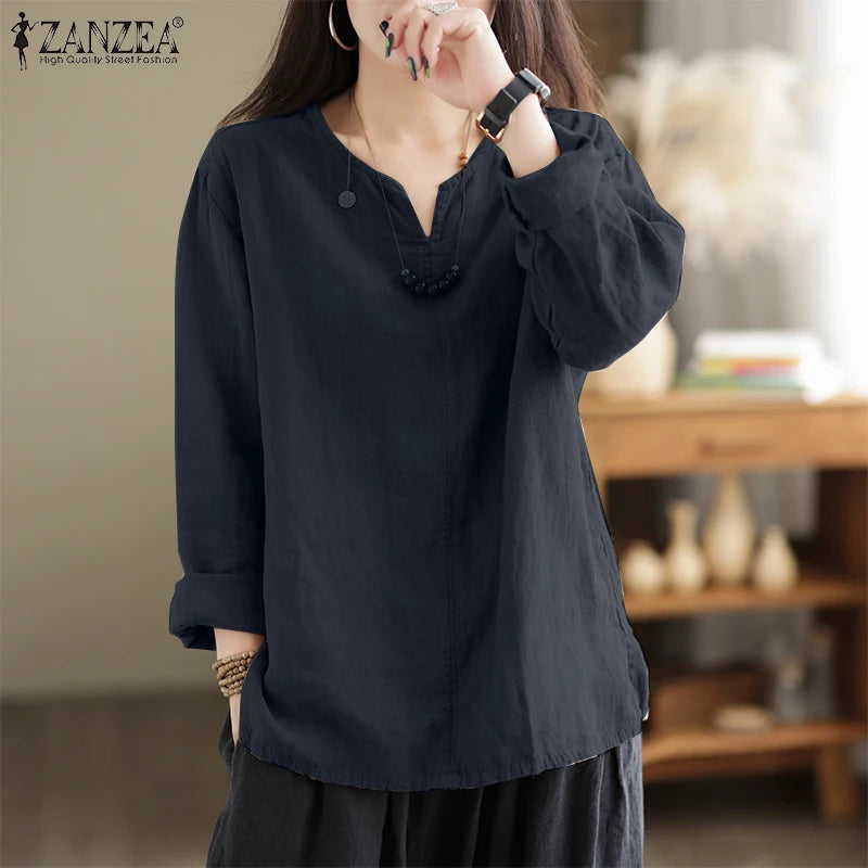 ZANZEA Women's Cotton Tunic Blouse — V-Neck Long Sleeve Loose Work Shirt
