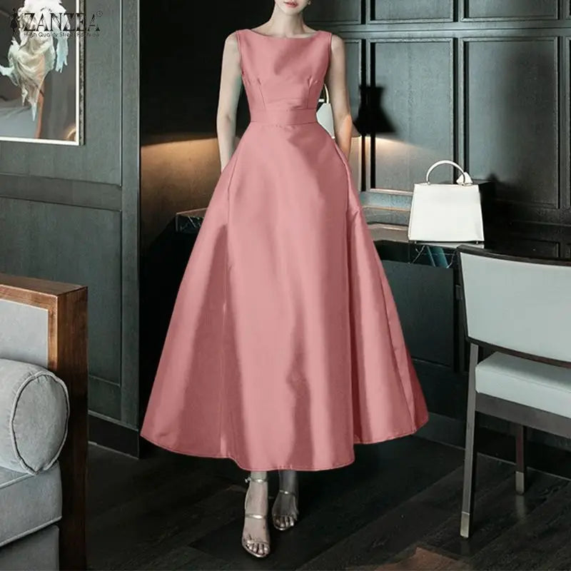 ZANZEA Women's Satin Midi Dress — Sleeveless A-Line Elegant Work Sundress