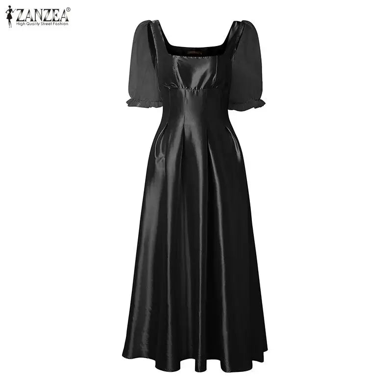 ZANZEA Women's Mesh Patchwork Party Dress — Square Neck Puff Sleeve Sundress