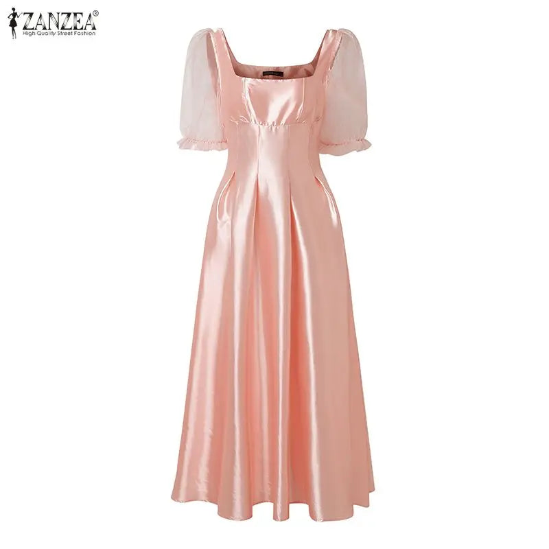 ZANZEA Women's Mesh Patchwork Party Dress — Square Neck Puff Sleeve Sundress
