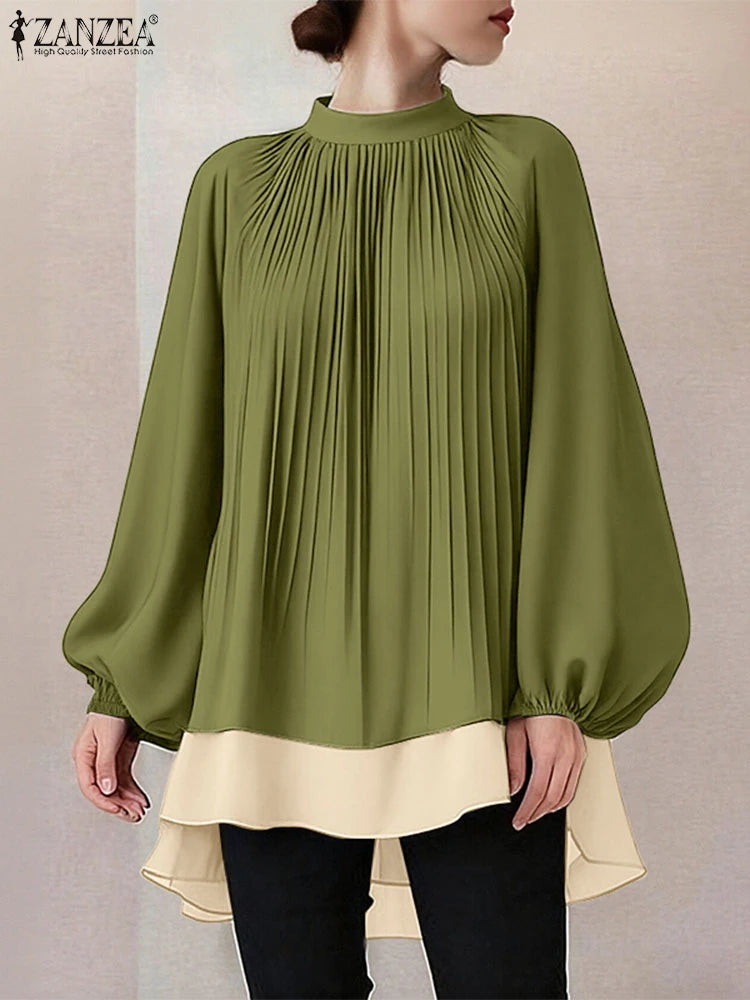 ZANZEA Women's Patchwork Blouse — Long Lantern Sleeve Pleated Work Shirt