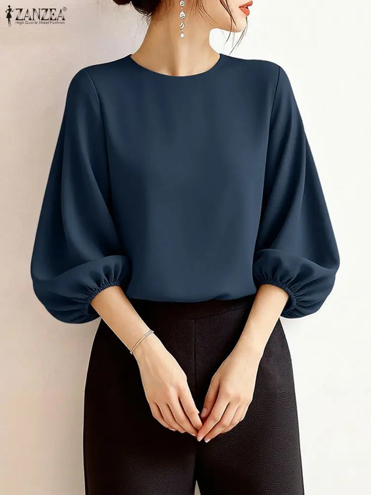 ZANZEA Women's Lantern Sleeve Blouse — 3/4 Sleeve Elegant O-Neck Work Top