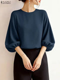 ZANZEA Women's Lantern Sleeve Blouse — 3/4 Sleeve Elegant O-Neck Work Top