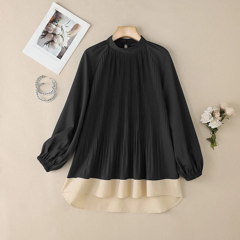 ZANZEA Women's Patchwork Blouse — Long Lantern Sleeve Pleated Work Shirt