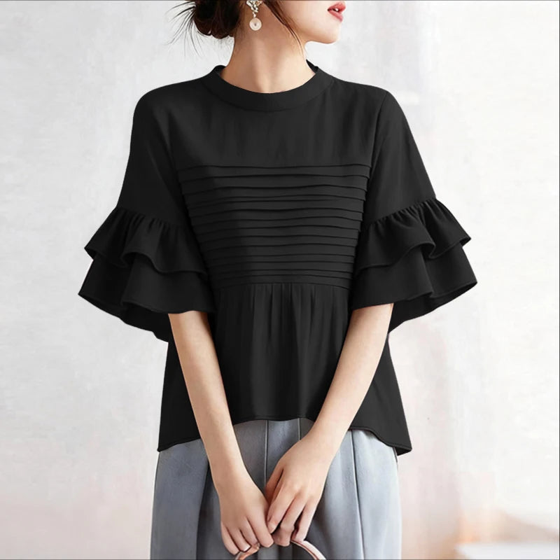 ZANZEA Women's Pleated Office Blouse — Short Sleeve O-Neck Holiday Tunic Top