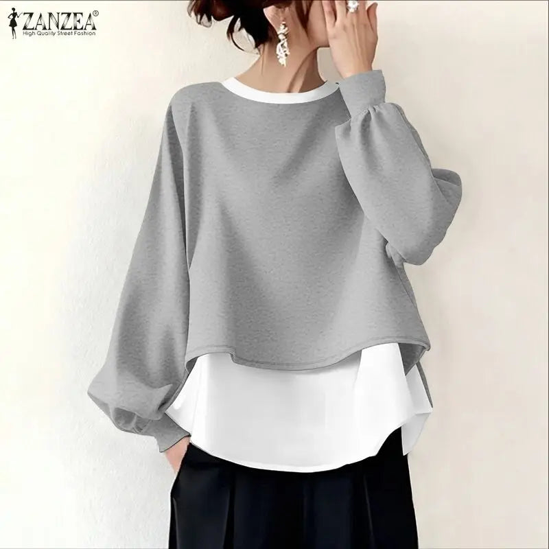 ZANZEA Women's Patchwork Sweatshirt — Fake 2-Piece Long Sleeve Pullover Top