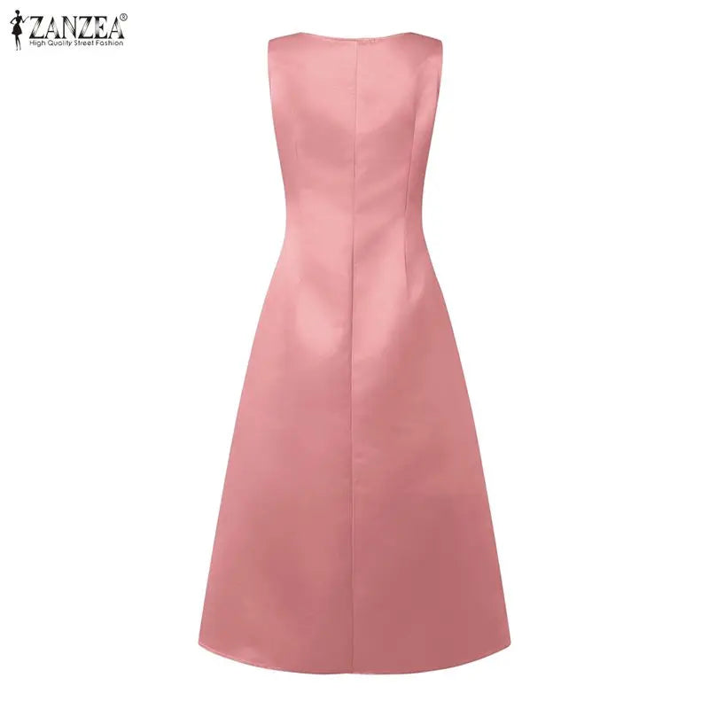 ZANZEA Women's Satin Midi Dress — Sleeveless A-Line Elegant Work Sundress