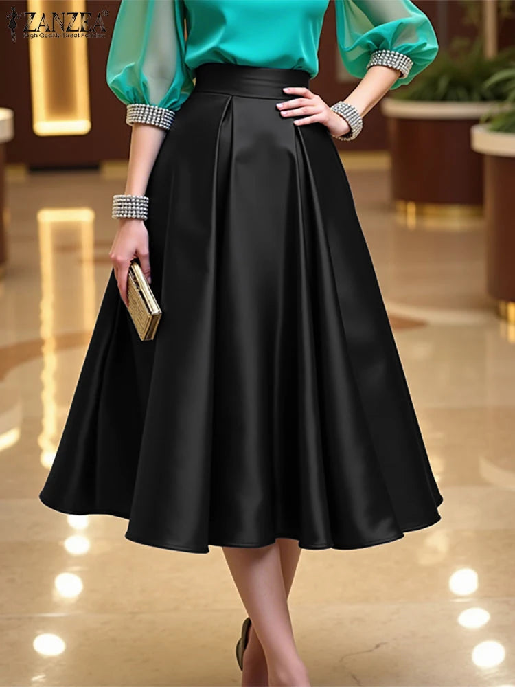 ZANZEA Women's Satin Midi Skirt — High Waist A-Line Elegant Party Skirt