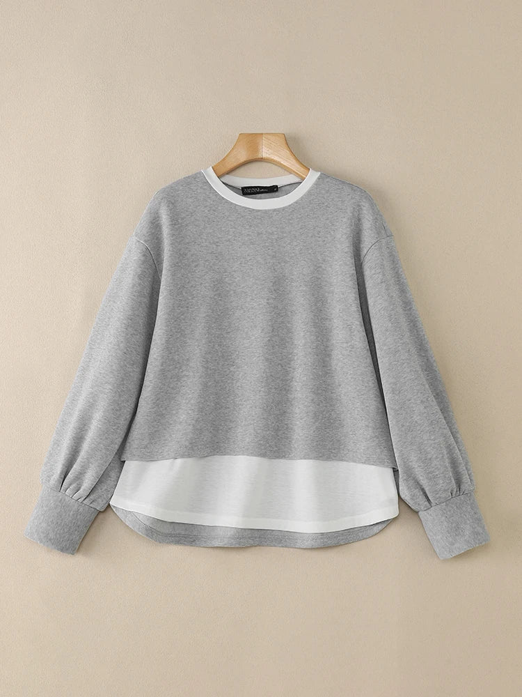 ZANZEA Women's Patchwork Sweatshirt — Fake 2-Piece Long Sleeve Pullover Top