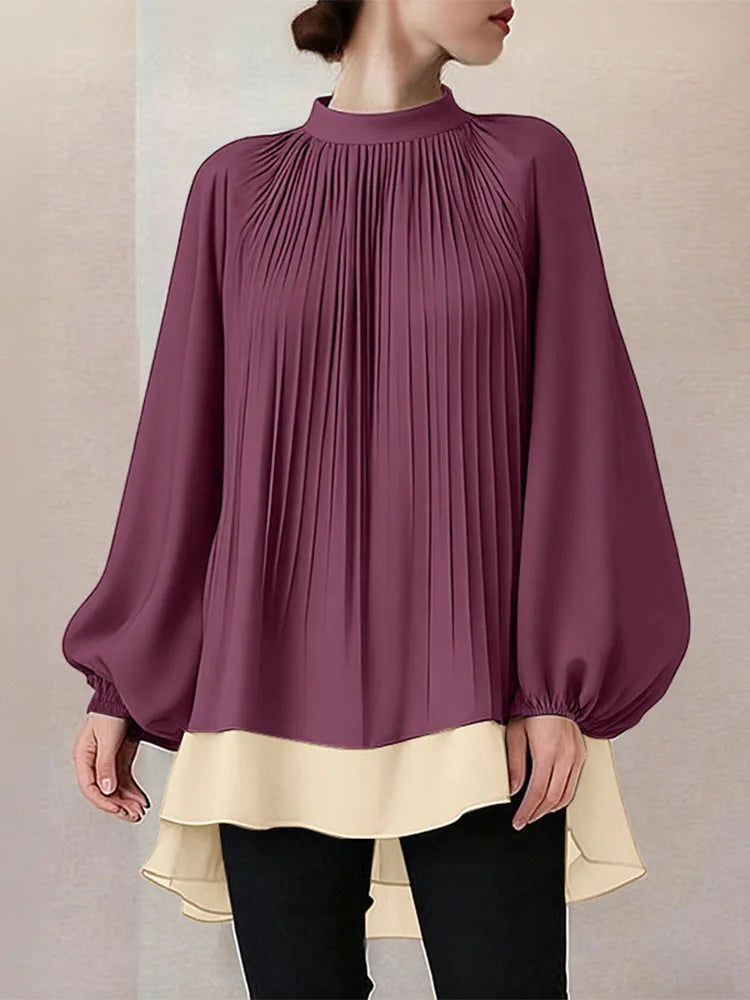 ZANZEA Women's Patchwork Blouse — Long Lantern Sleeve Pleated Work Shirt